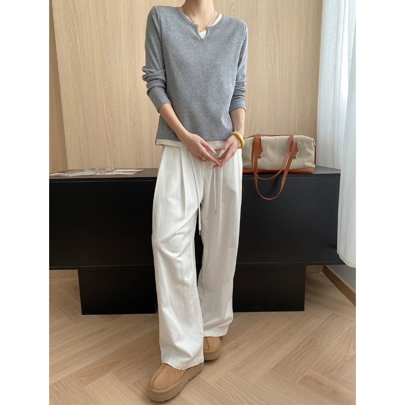 Damen Langarmshirt mit kreativem V-Ausschnitt und feiner Struktur Drune
