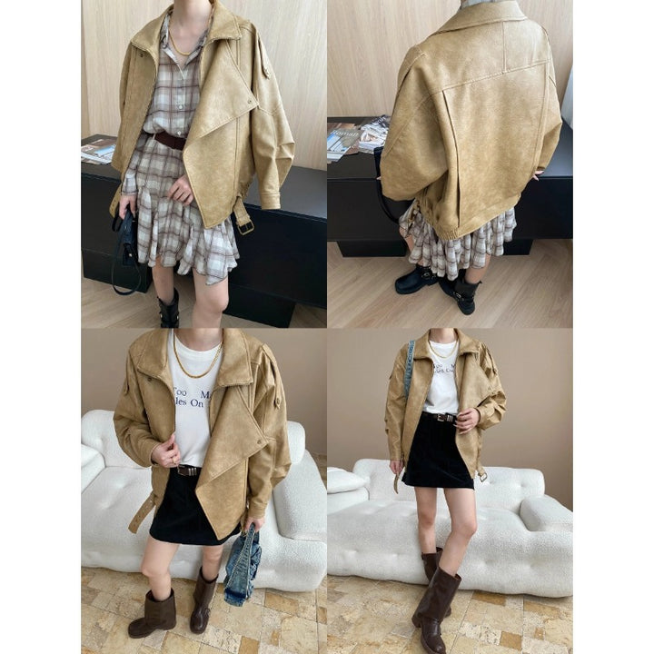 Damen lässige Motorradjacke im Oversized-Stil mit dekorativen Knopfdetails und hohem Kragen Drune