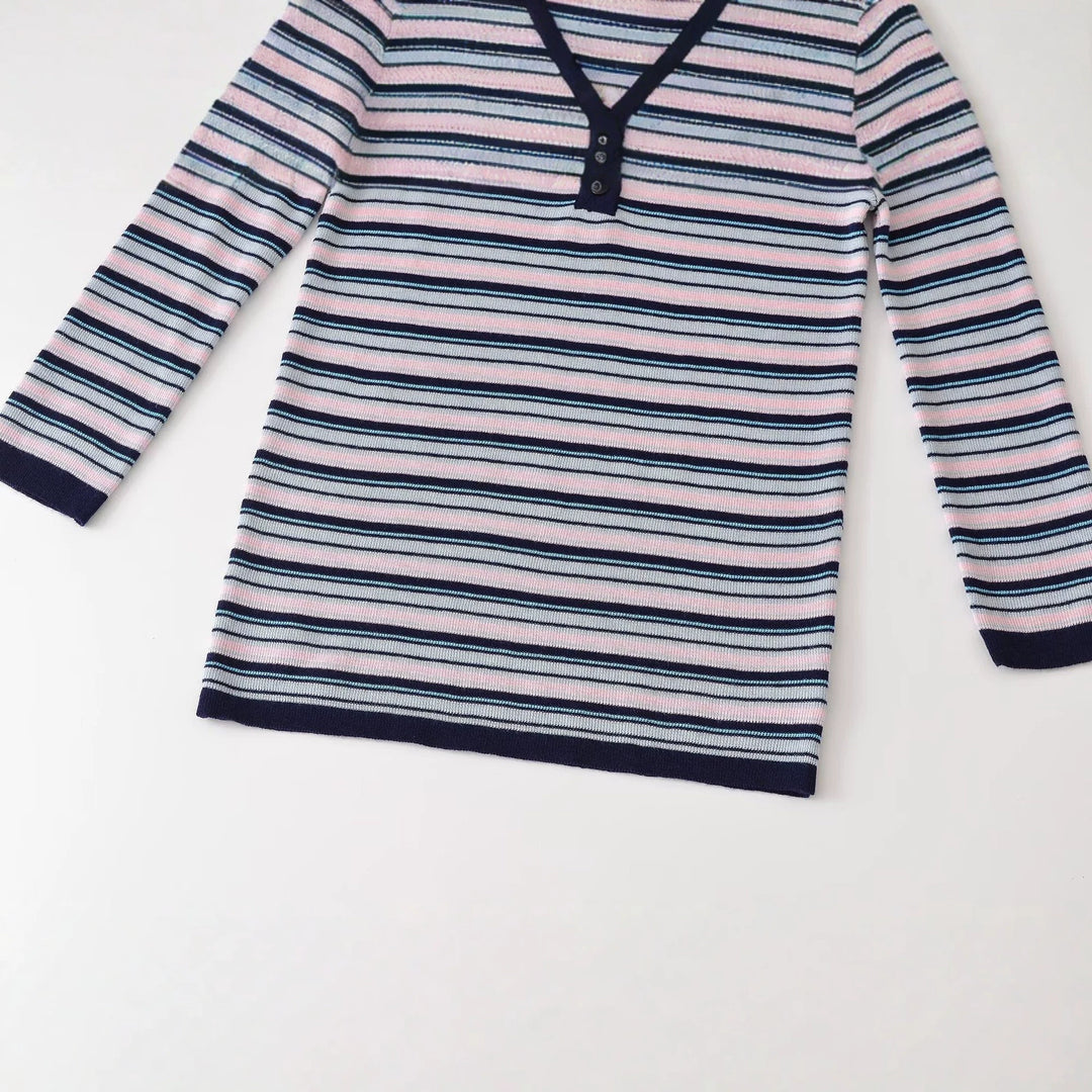 Damen Feinstrick-Henleyshirt mit feiner Streifenstruktur und Knopfblende Drune