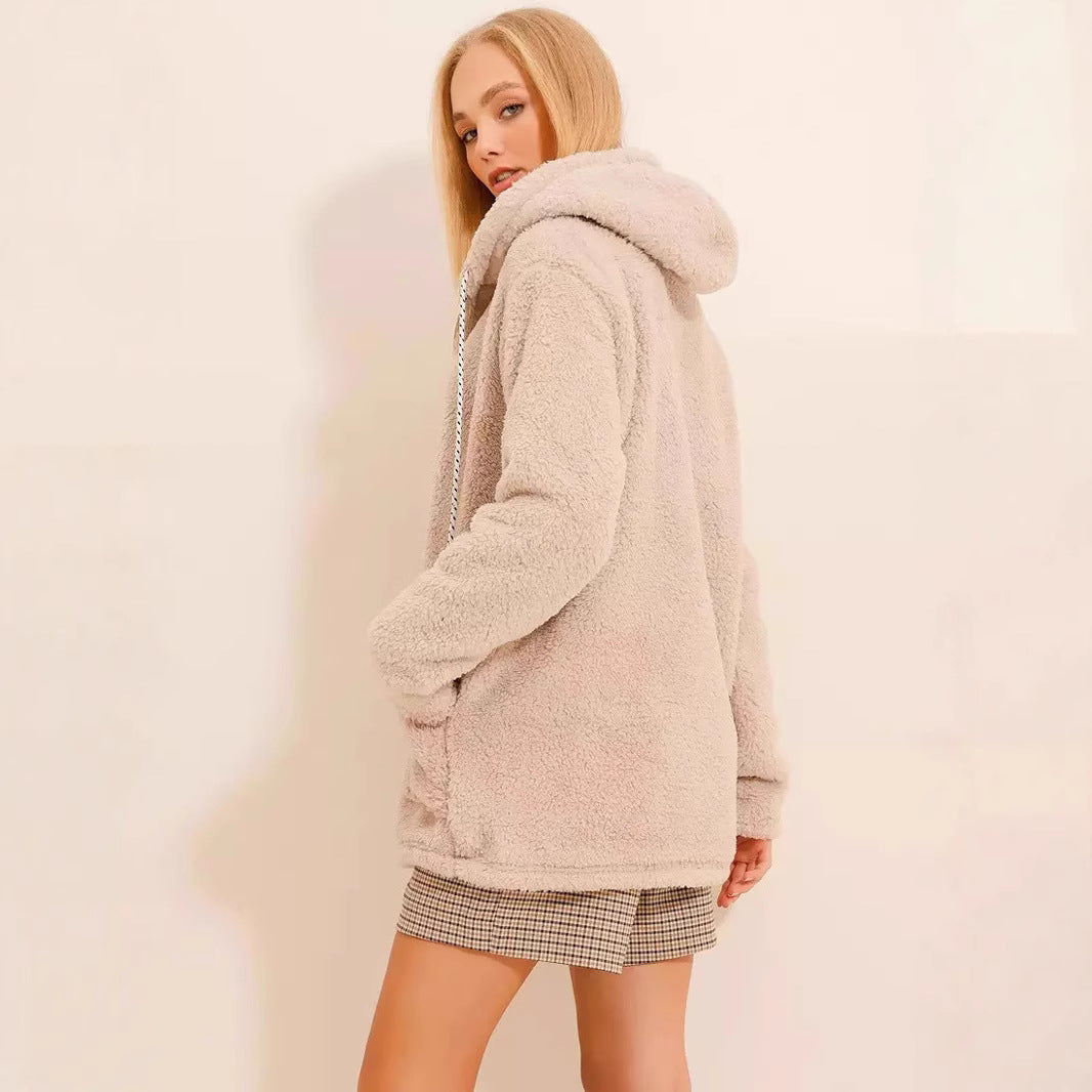 Damen kuschelige Fleecejacke mit Kapuze und Doppelreißverschluss Drune
