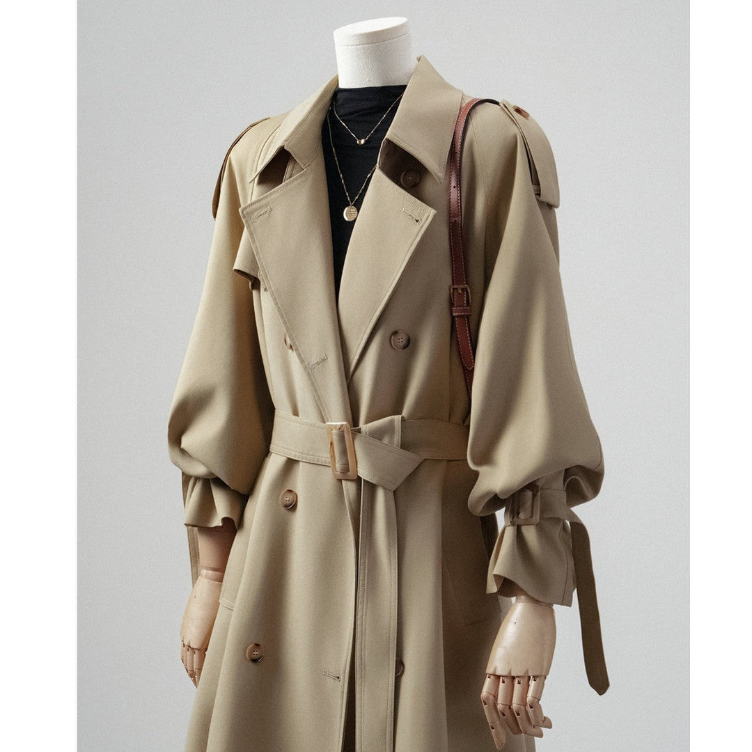 Damen Trenchcoat mit Ballonärmeln, doppelreihiger Schnitt und Taillengürtel Drune