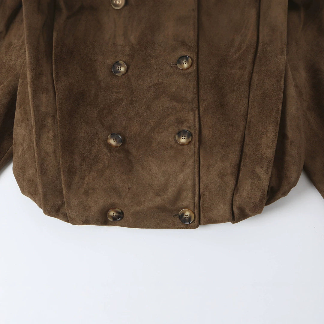 Damen Kurze Doppelreihige Velourslederjacke mit Stehkragen und Epauletten Drune