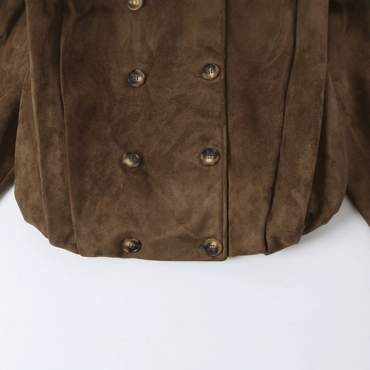 Damen Kurze Doppelreihige Velourslederjacke mit Stehkragen und Epauletten Drune