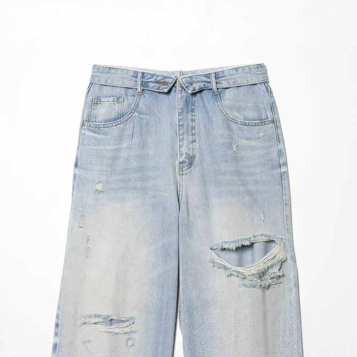 Damen High‑Waist Jeans mit weitem Bein, Destroyed‑Details und ausgefransten Knien Drune