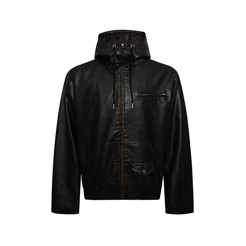 Herren Kapuzen-Lederjacke im Utility-Stil mit Reißverschluss und Kängurutasche Drune