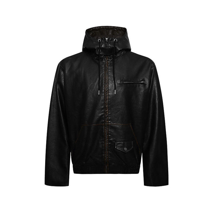Herren Kapuzen-Lederjacke im Utility-Stil mit Reißverschluss und Kängurutasche Drune