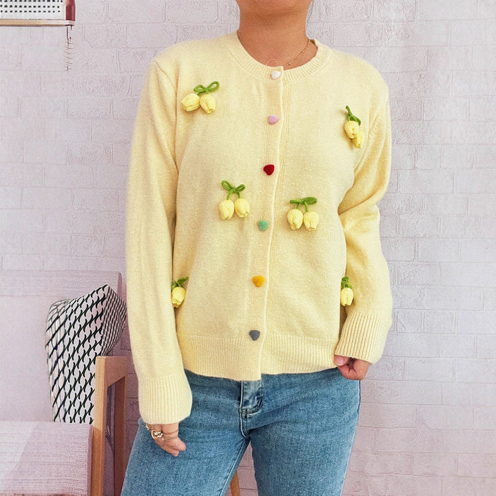 Damen Strickjacke mit fröhlichen Blumenapplikationen Drune