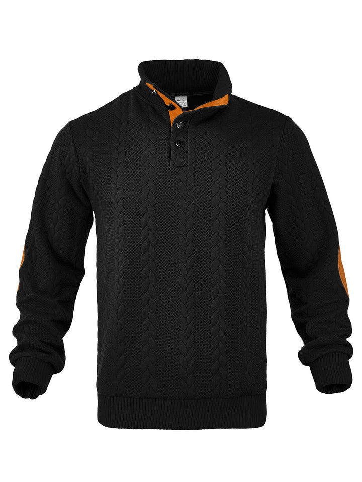 Herren nan Zopfmuster-Halbknopf-Pullover mit hohem Stehkragen und Wildleder-Ellbogenpatches Drune