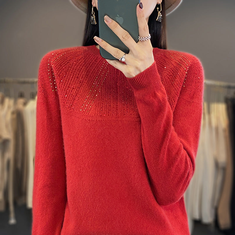 Damen Weicher Kaschmir‑Optik Feinstrickpullover mit Ajour‑Yoke und Paillettenbesatz Drune