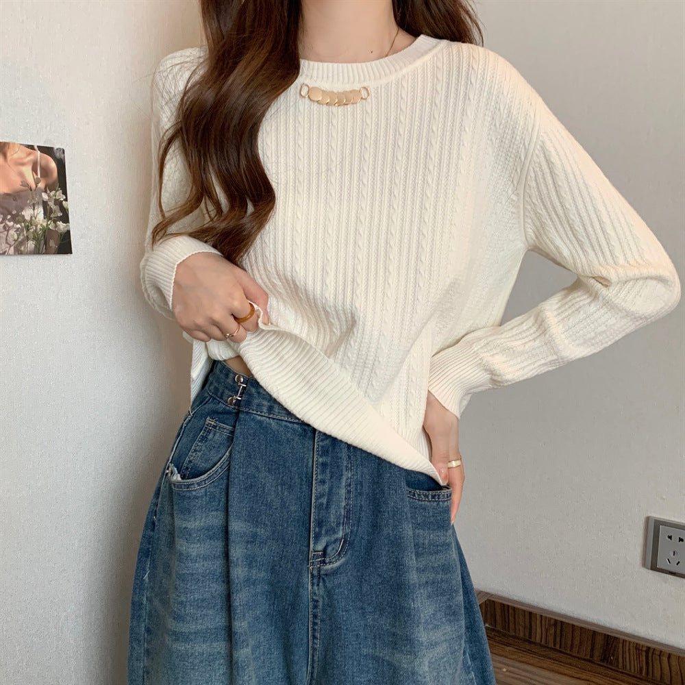 Damen lockerer Strickpullover mit feiner Rippstruktur und eleganter Kragenverzierung Drune