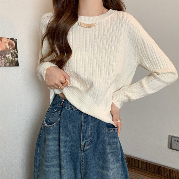 Damen lockerer Strickpullover mit feiner Rippstruktur und eleganter Kragenverzierung Drune
