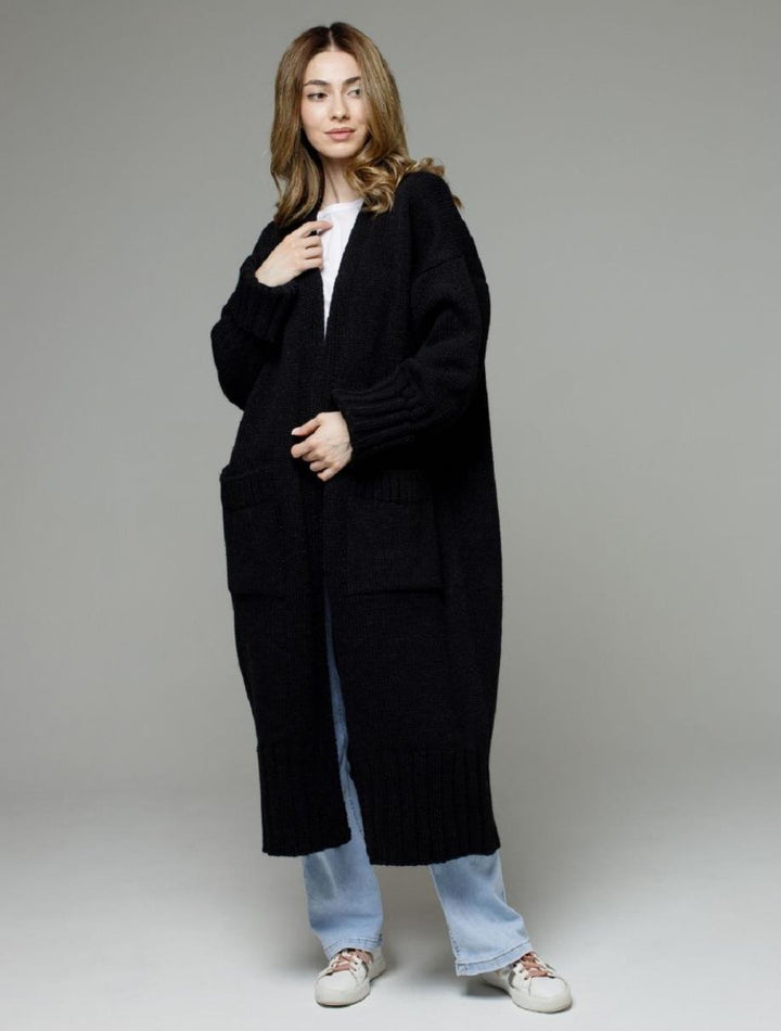 Damen bequemer langer Strickcardigan mit Taschen und breiten Ärmeln Drune