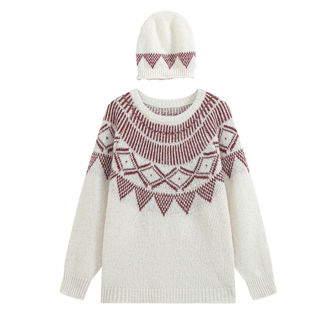 Damen Oversize Norweger‑Strickpullover mit Rundhalsausschnitt und passender Strickmütze Drune