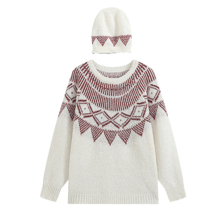 Damen Oversize Norweger‑Strickpullover mit Rundhalsausschnitt und passender Strickmütze Drune