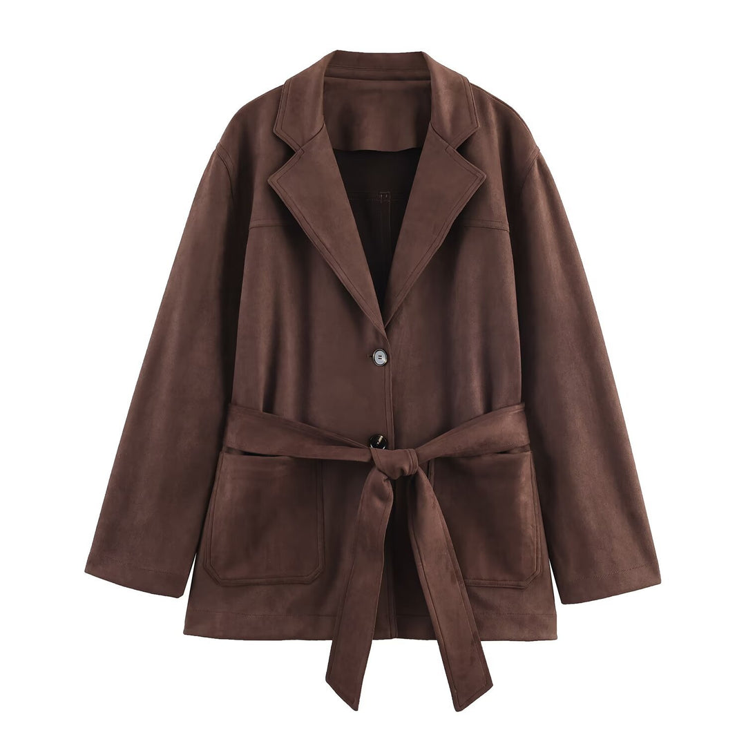 Damen Kunstlederblazerjacke mit tailliertem Schnitt und großem Gürtel Drune