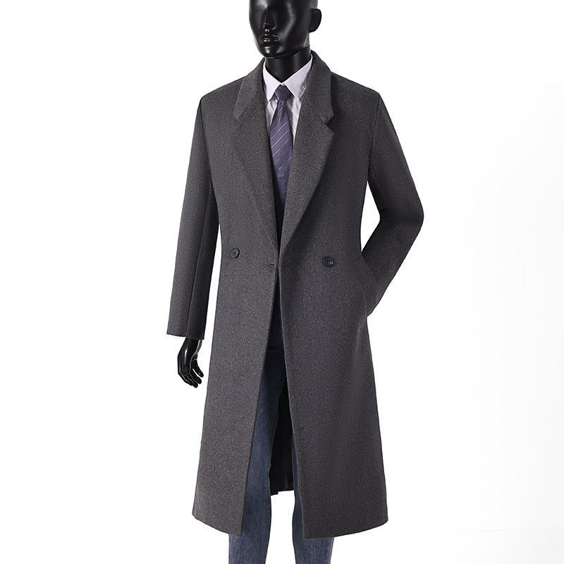 Herren Maxilanger Wollmantel im minimalistischen Schnitt mit schmalem Revers und seitlichen Eingrifftaschen Drune
