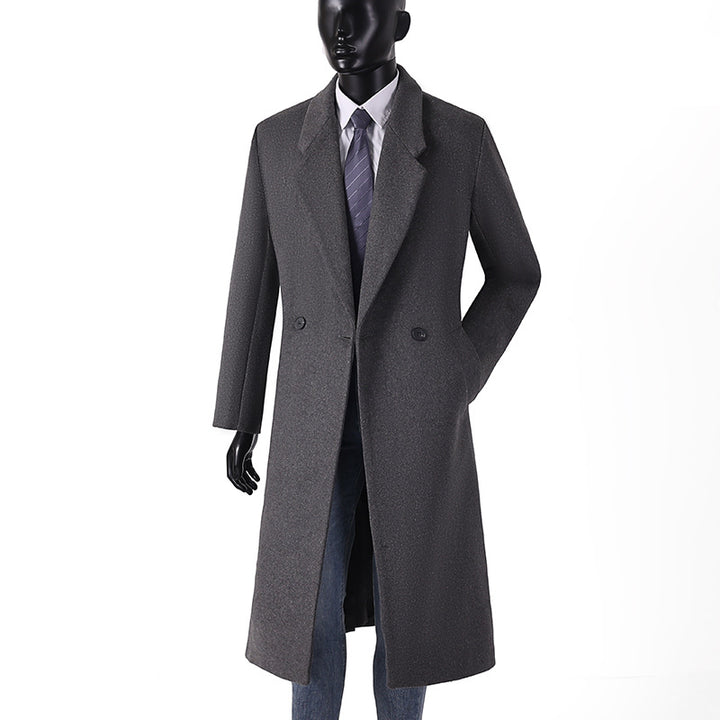 Herren Maxilanger Wollmantel im minimalistischen Schnitt mit schmalem Revers und seitlichen Eingrifftaschen Drune