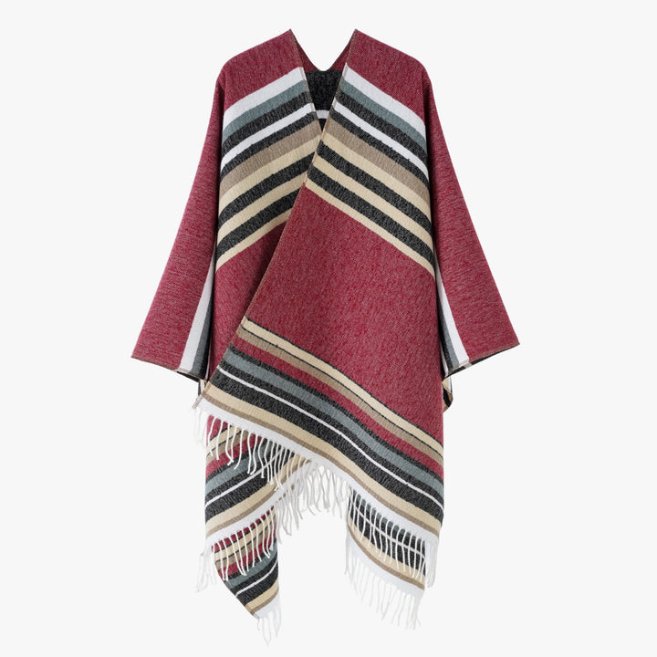 Damen kastiger Capeponcho mit V-Ausschnitt, feinem Fransensaum und gestreifter Webstruktur Drune