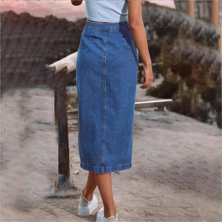Damen Jeans-Midirock mit seitlicher Knopfleiste und hohem Beinschlitz Drune