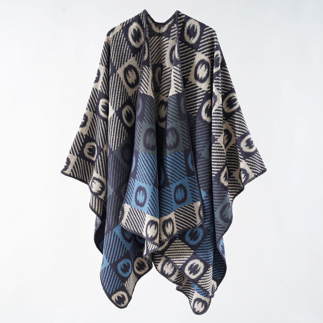 Damen Jacquard-Wickelponcho aus feinem Strick mit grafischem Kreis-Jacquard und offener Kimono-Silhouette Drune