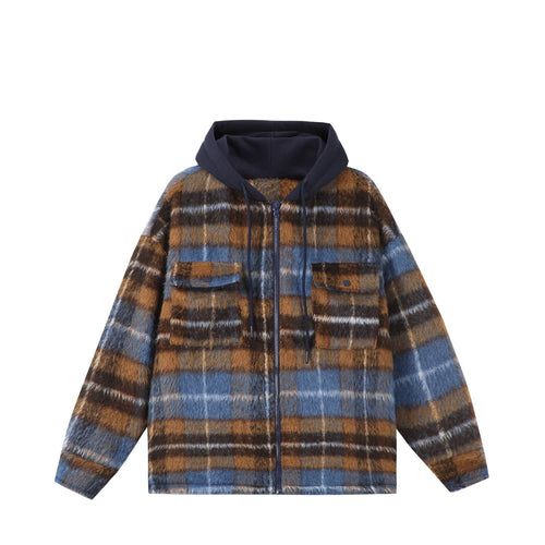 Unisex Kurz geschnittener kariertes Fellimitat-Blouson mit Kapuze und Reißverschluss Drune