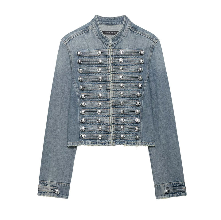 Damen Kurz geschnittene Military-Jeansjacke mit dekorativen Band-Details und Metallnieten Drune