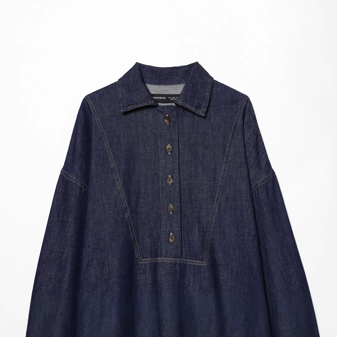 Damen nan Oversize-Denimbluse mit verdeckter Knopfleiste, markanten Teilungsnähten und kastiger Silhouette Drune
