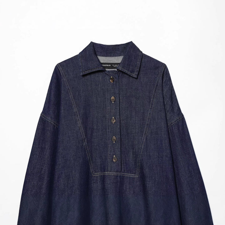 Damen nan Oversize-Denimbluse mit verdeckter Knopfleiste, markanten Teilungsnähten und kastiger Silhouette Drune