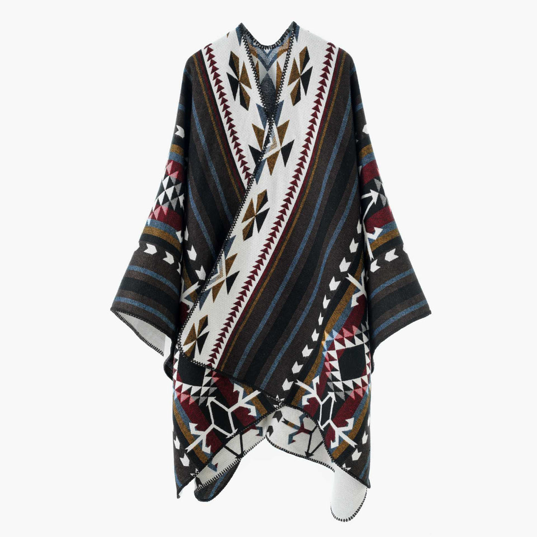 Damen Weicher Jacquard‑Strickponcho mit geometrischem Muster und Ziernaht Drune