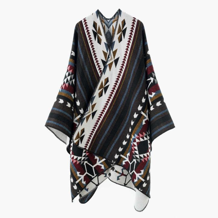 Damen Weicher Jacquard‑Strickponcho mit geometrischem Muster und Ziernaht Drune