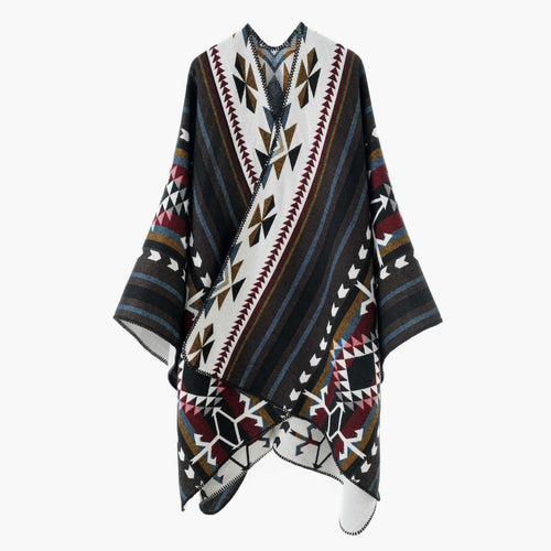 Damen Weicher Jacquard‑Strickponcho mit geometrischem Muster und Ziernaht Drune