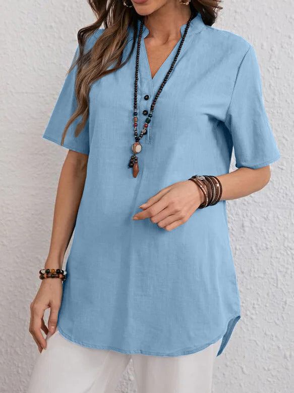 Damen kurzärmliges Blusenshirt mit modernen Druckknöpfen und angenehmem Schnitt Drune