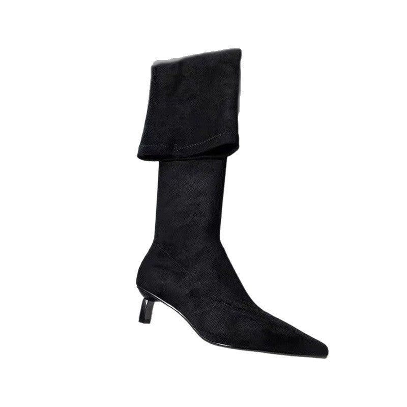Damen Kniestiefel mit Umschlagschaft, spitzer Zehenform und Kitten‑Absatz Drune