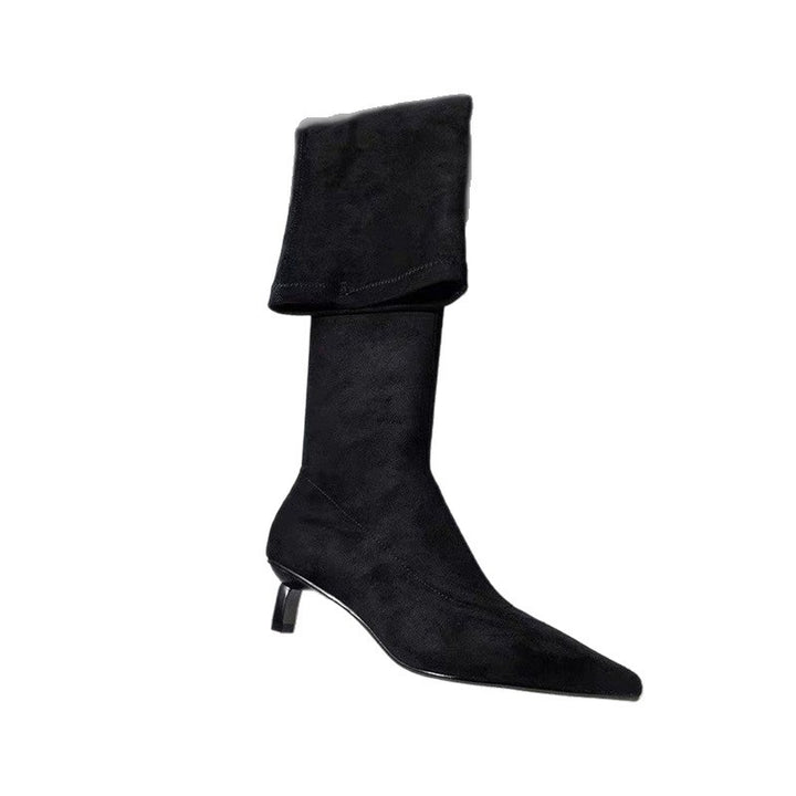 Damen Kniestiefel mit Umschlagschaft, spitzer Zehenform und Kitten‑Absatz Drune