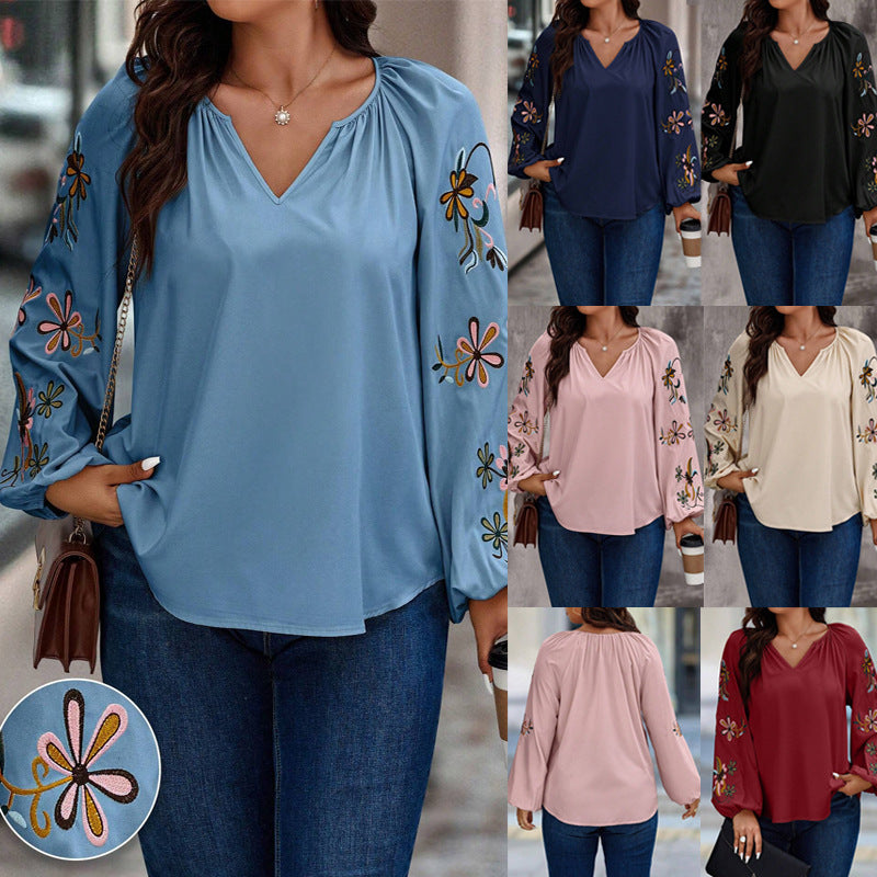 Damen Locker sitzende V-Ausschnitt Bluse mit floraler Stickerei an Ballonärmeln Drune