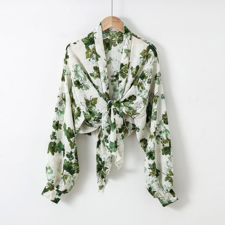 Damen nan florale Knoten-Bluse im Wickelstil mit Ballonärmeln und leichter Leinenoptik Drune