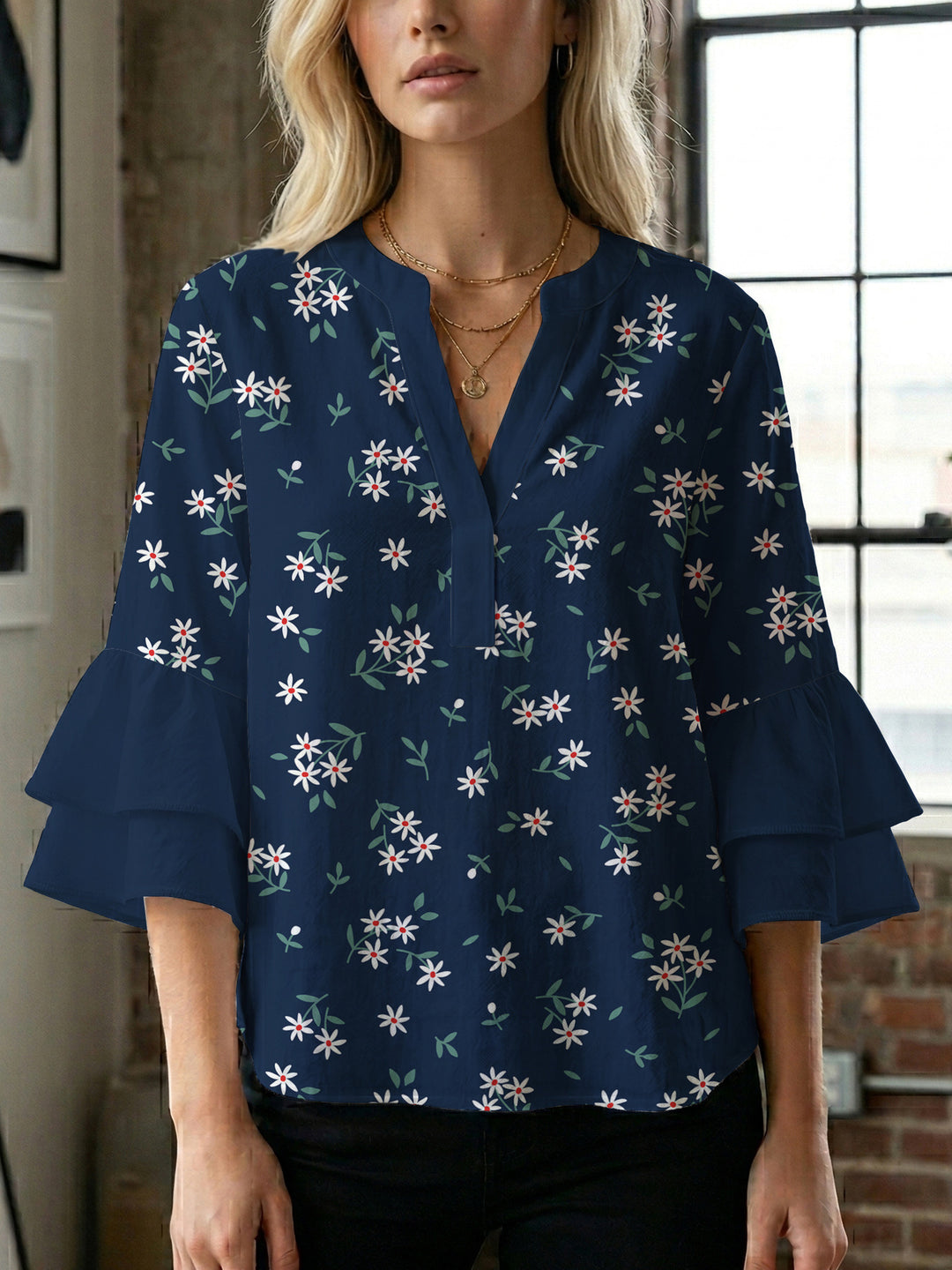 Damen Bluse mit voluminösen Ärmeln und floralem Design Drune