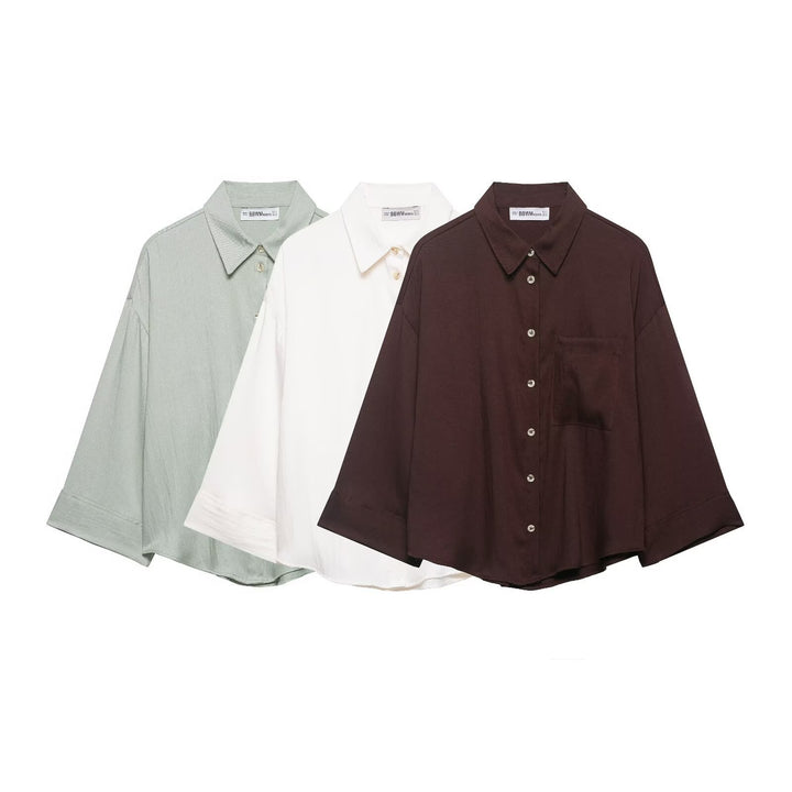 Damen Oversized Hemdbluse mit überschnittenen Schultern, dreiviertelärmeln und Brusttasche Drune