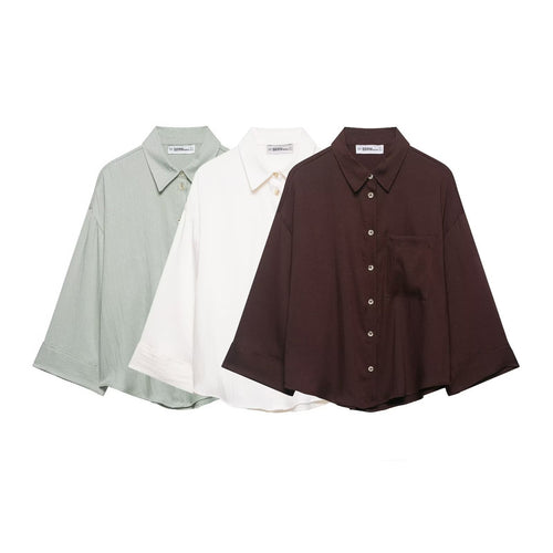 Damen Oversized Hemdbluse mit überschnittenen Schultern, dreiviertelärmeln und Brusttasche Drune