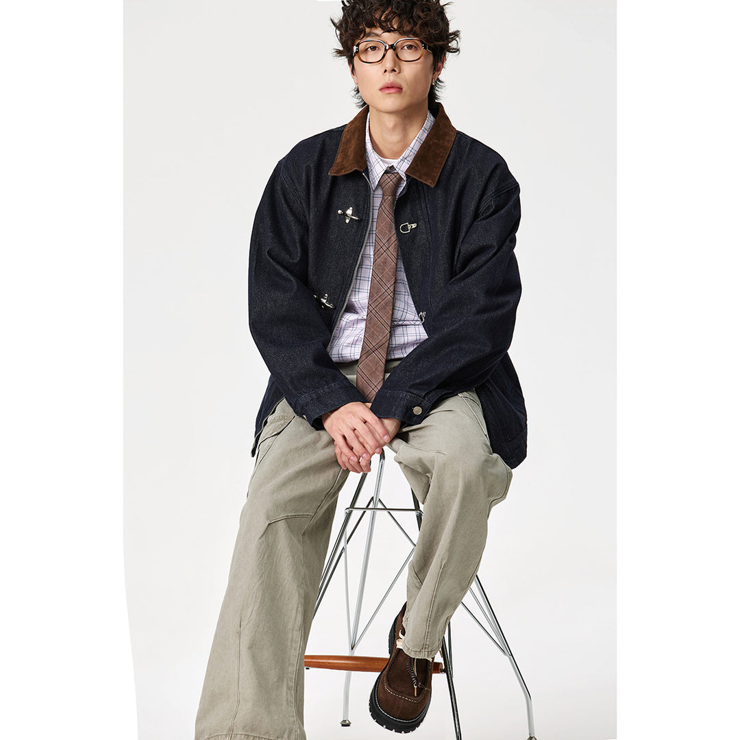 Herren Kastig geschnittener Denim‑Workwear‑Blouson mit Cord‑Umlegekragen und metallischen Hakenverschlüssen Drune