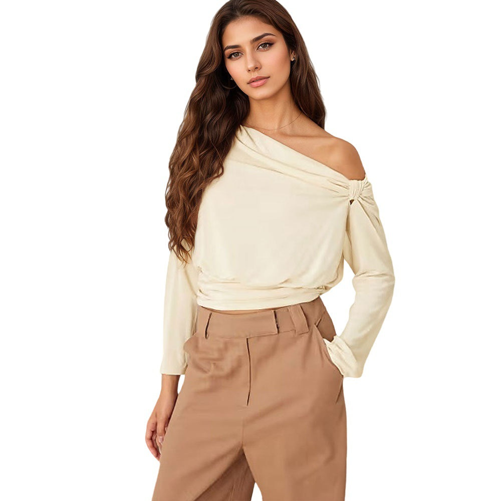 Damen asymmetrisches One-Shoulder Blusenshirt mit Knoten-Detail und tailliertem Saum Drune