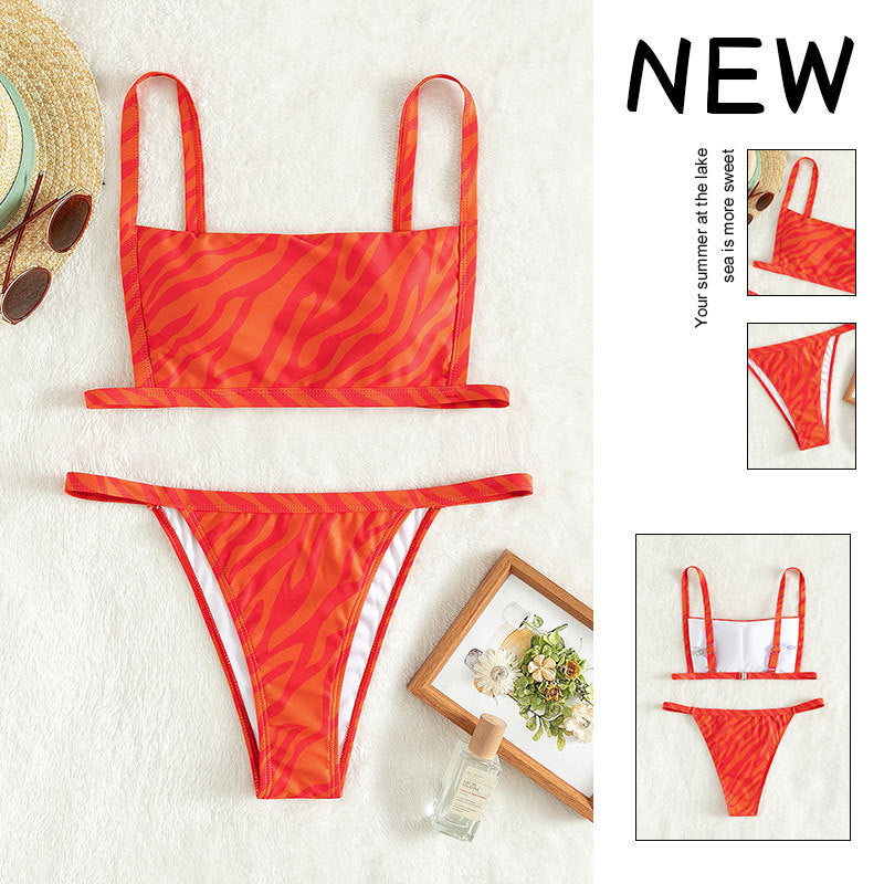 Damen Bandeau-Bikini Set mit sportlichem Schnitt und modischem Animal-Print Drune