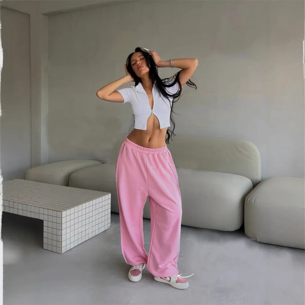 Damen locker sitzende High-Waist Sweatpants mit weitem Bein und elastischem Bund Drune