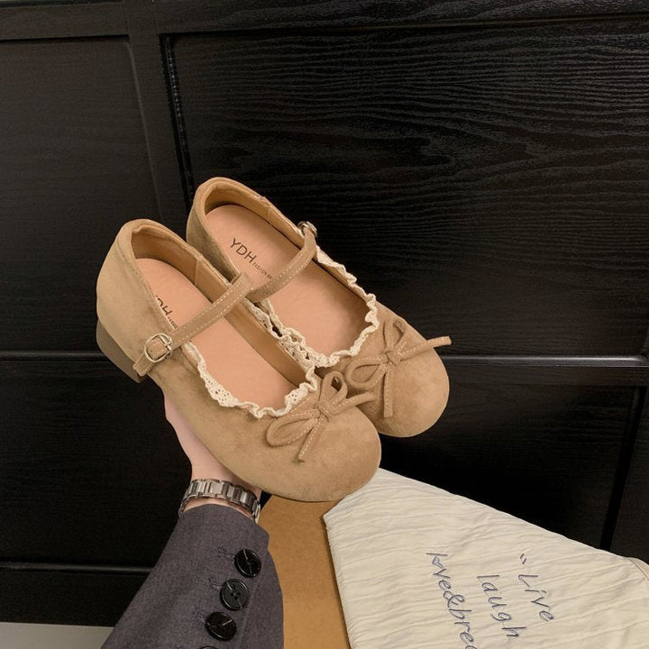 Damen elegante Mary Jane Ballerinas mit dekorativem Spitzenrand und Schleifenakzent Drune