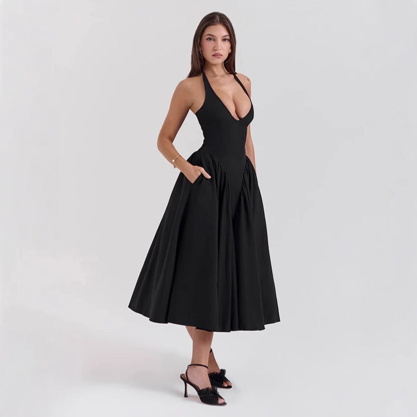 Damen nan figurschmeichelndes Neckholder-Bustier-Midikleid mit taillierter Miederform und weitem Tellerrock Drune