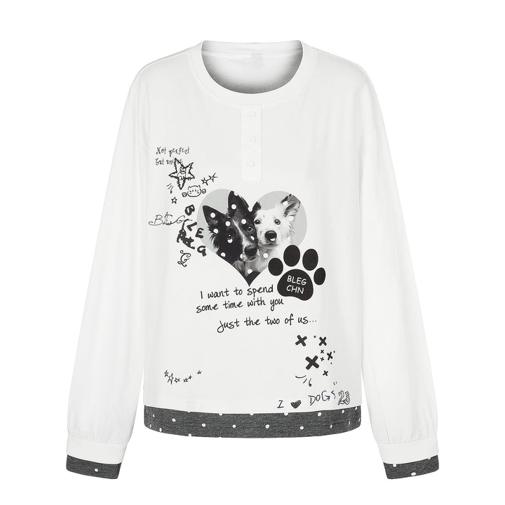 Damen Langarm-Pyjama-Top mit halbnaher Knopfleiste, Herz-Hundeprint und kontrastiertem Bündchen Drune