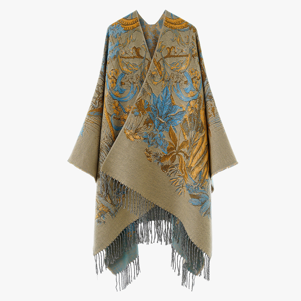 Damen Gefütterter Jacquard-Capeponcho mit floralem Barockmuster und Fransen Drune