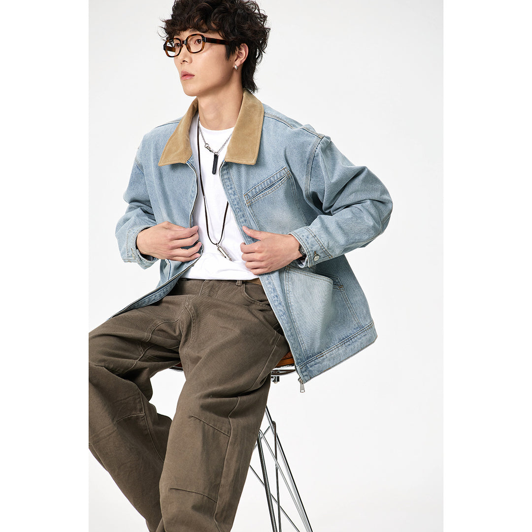 Herren Relaxed-Denimjacke mit Kontrast-Cordkragen und schräger Brusttasche Drune