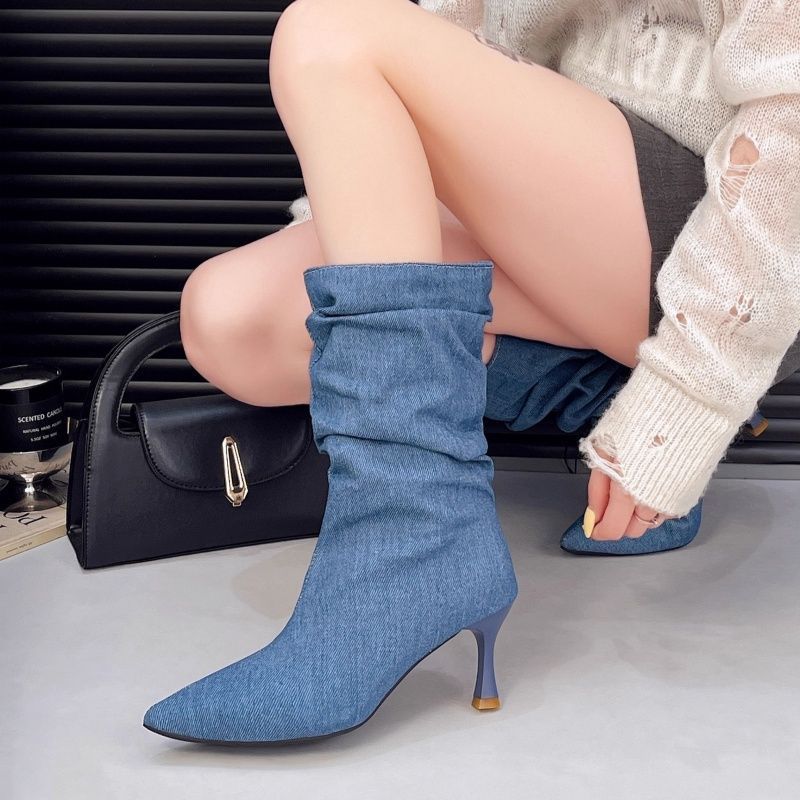 Damen Halbhohe Denim-Stiefeletten mit gerafftem Schaft und spitzer Zehenpartie Drune