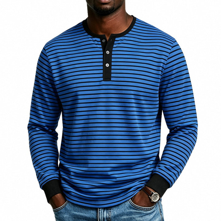 Herren Gestreiftes Langarm-Henleyshirt aus Baumwollmischung mit Knopfleiste Drune